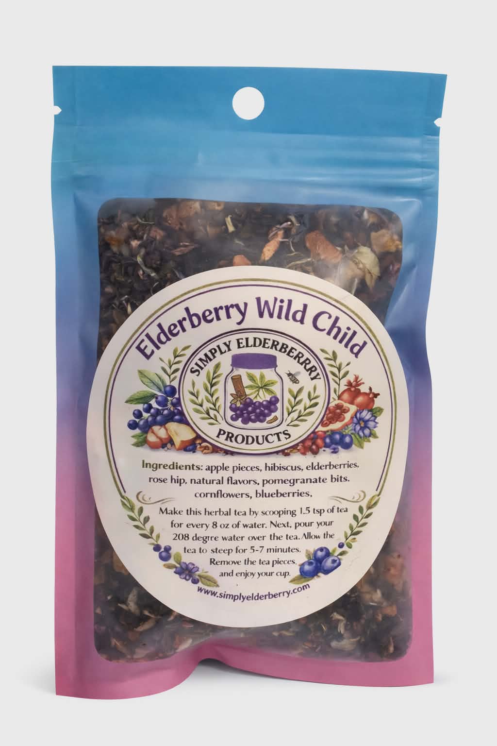 "Elderberry Wild Child loose leaf herbal tea blend with hibiscus, rosehip and blueberry — caffeine-free"