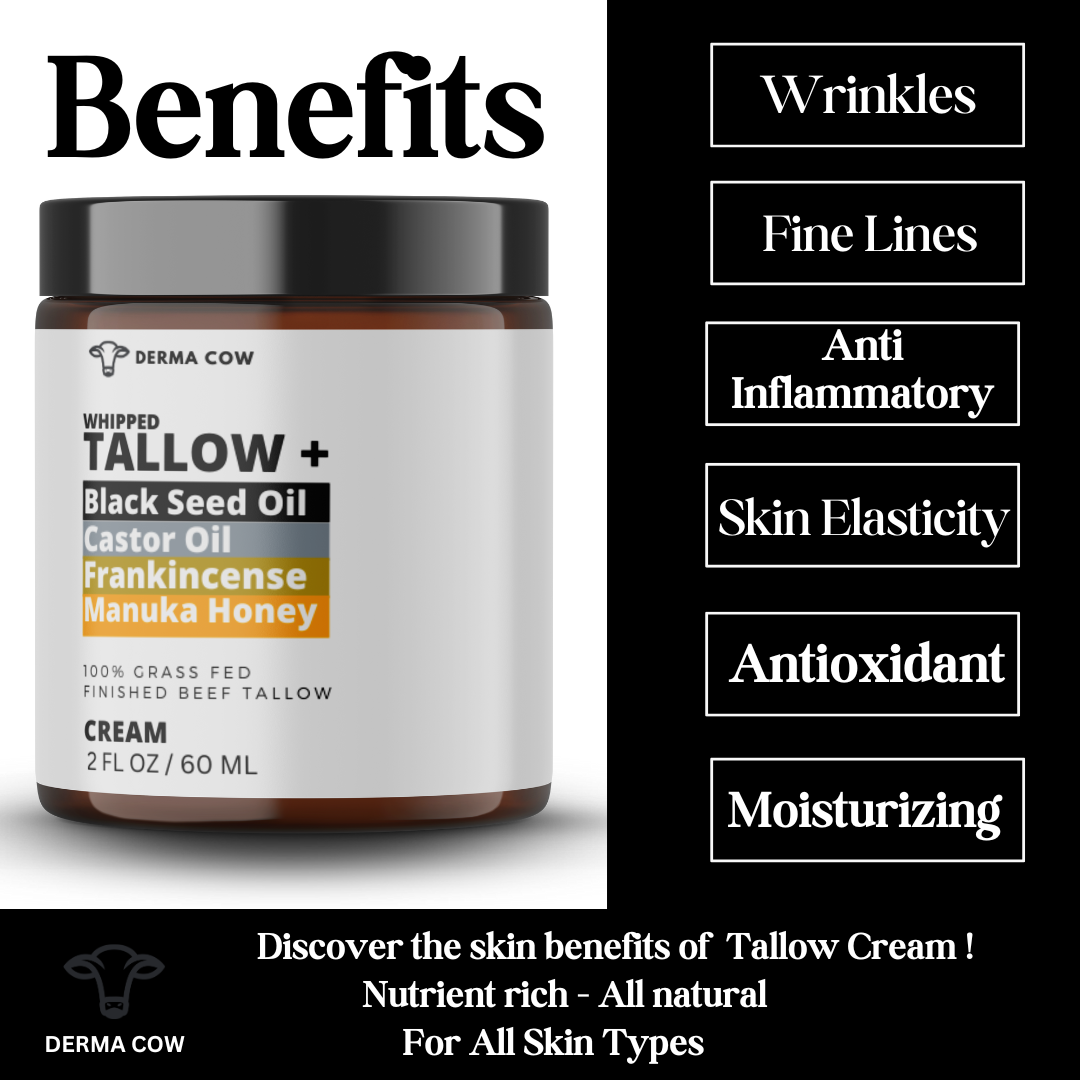 Derma Cow - Tallow Cream+ Black Seed Oil,Castor,Frankincense, Manuka-2oz