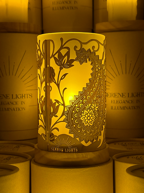 Serene Lights - Mandala, Decorative Candle Holder – Laser Etched, Handmade Wood Veneer, Rechargeable LED Candle