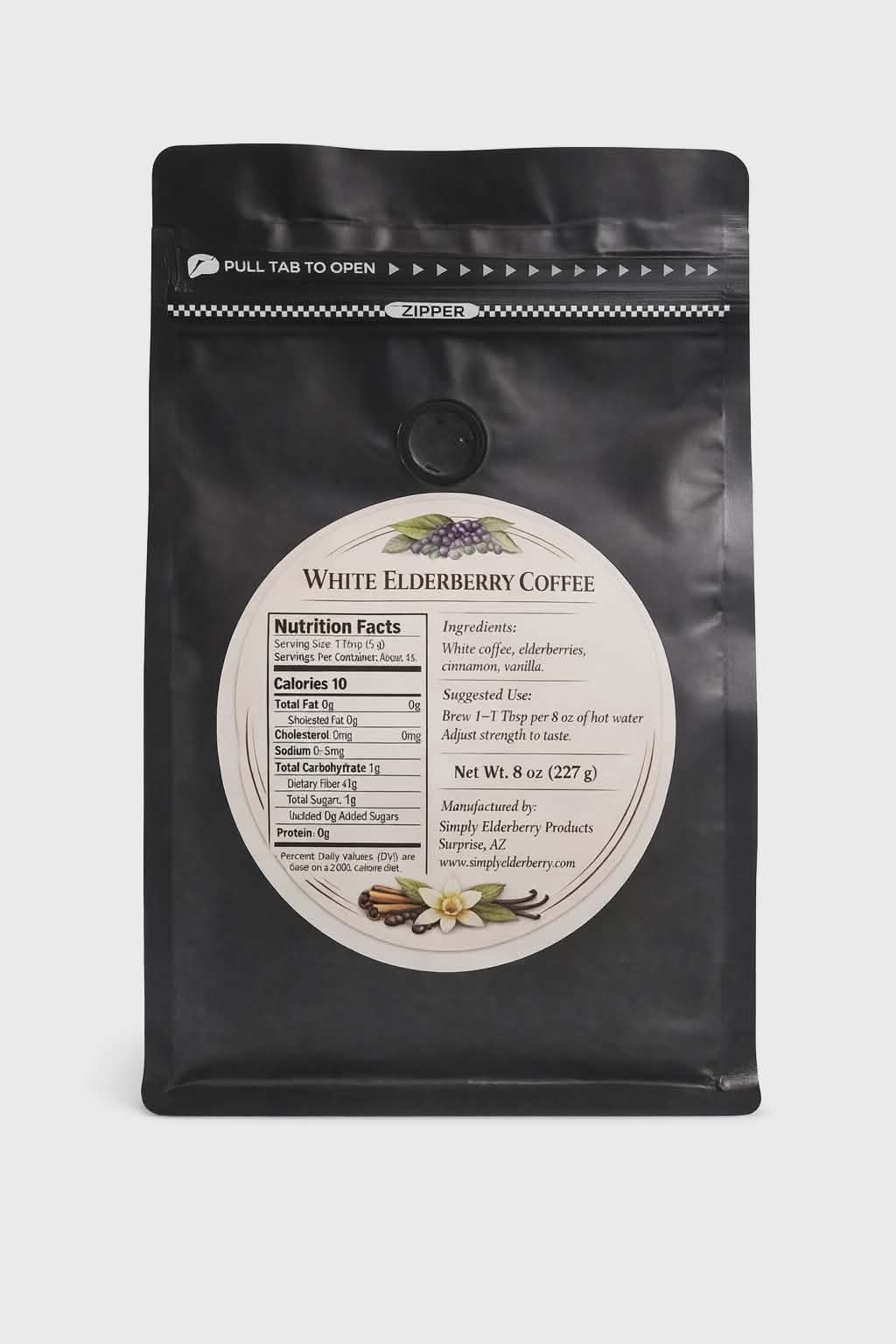 White Elderberry Coffee - (hints vanilla and cinnamon) 8oz