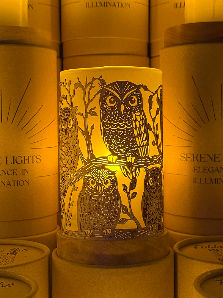 Serene Lights - Forest Friends Owl Decorative Candle Holder – Laser Etched, Handmade Wood Veneer, Rechargeable LED Candle