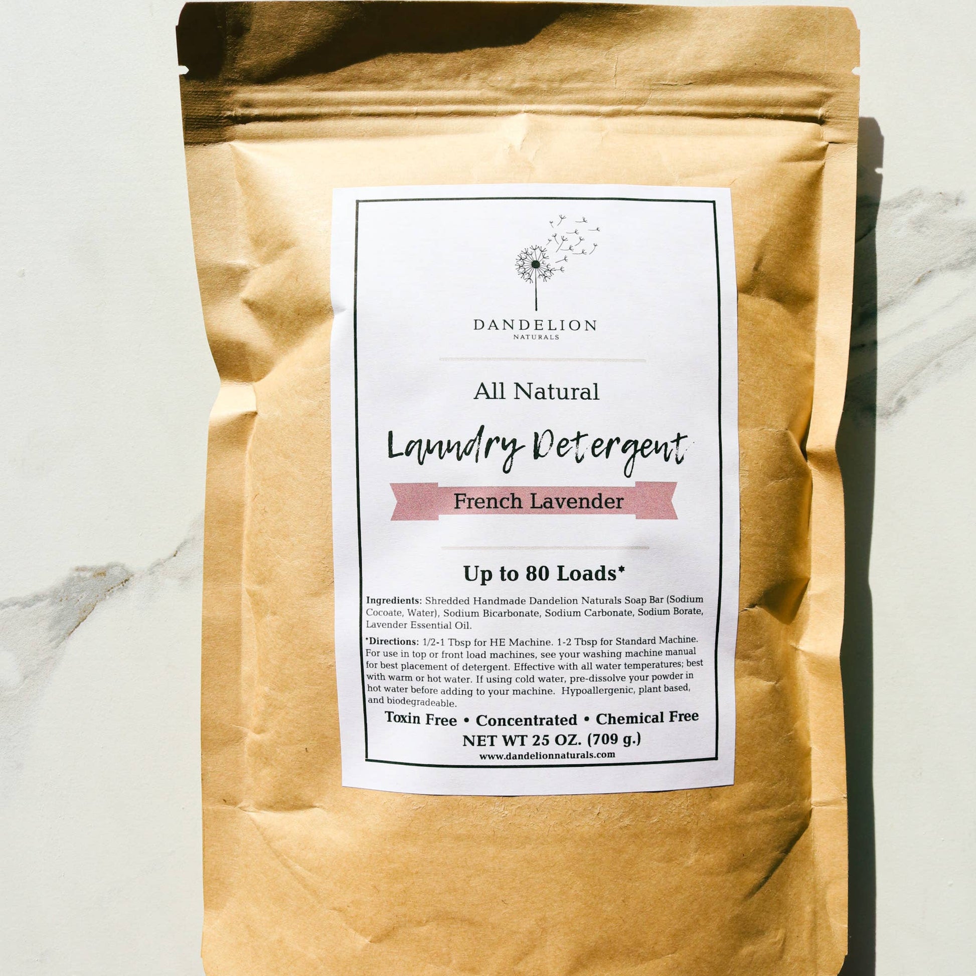 Dandelion Naturals all natural French lavender laundry detergent in kraft paper pouch