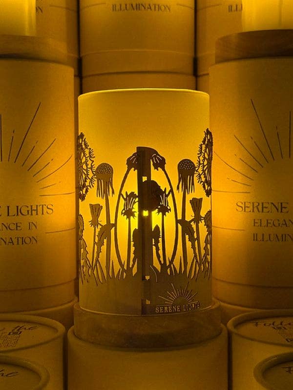 Serene Lights - Field of Dandelions Decorative Candle Holder – Laser Etched, Handmade Wood Veneer, Rechargeable LED Candle