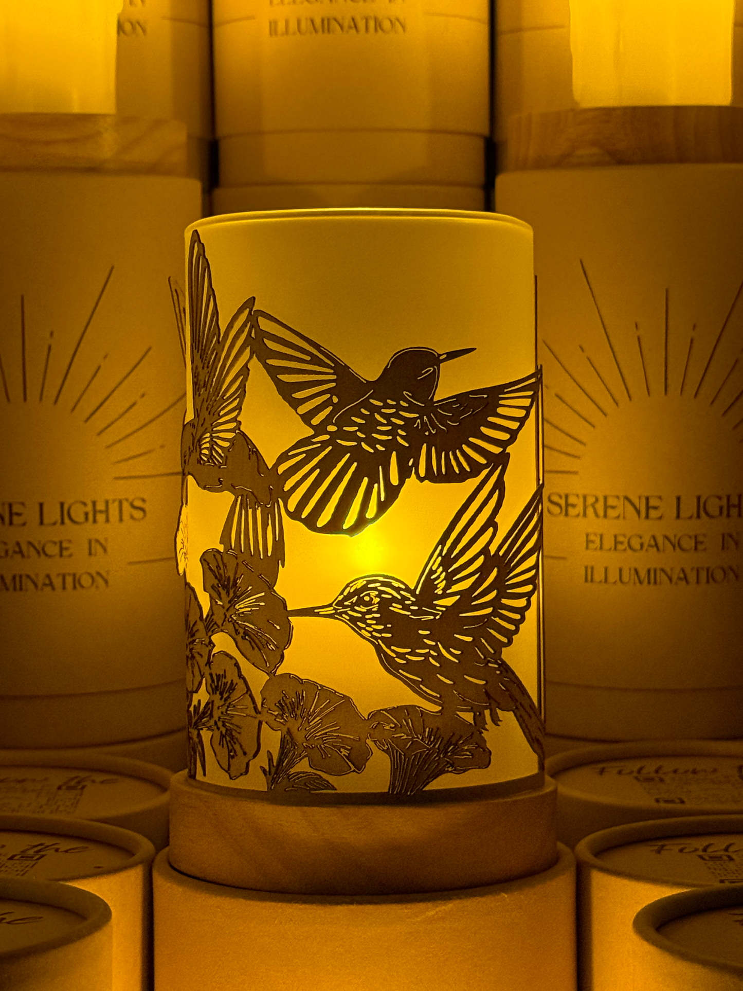 Serene Lights - Humming Birds in Flight, Decorative Candle Holder – Laser Etched, Handmade Wood Veneer, Rechargeable LED Candle