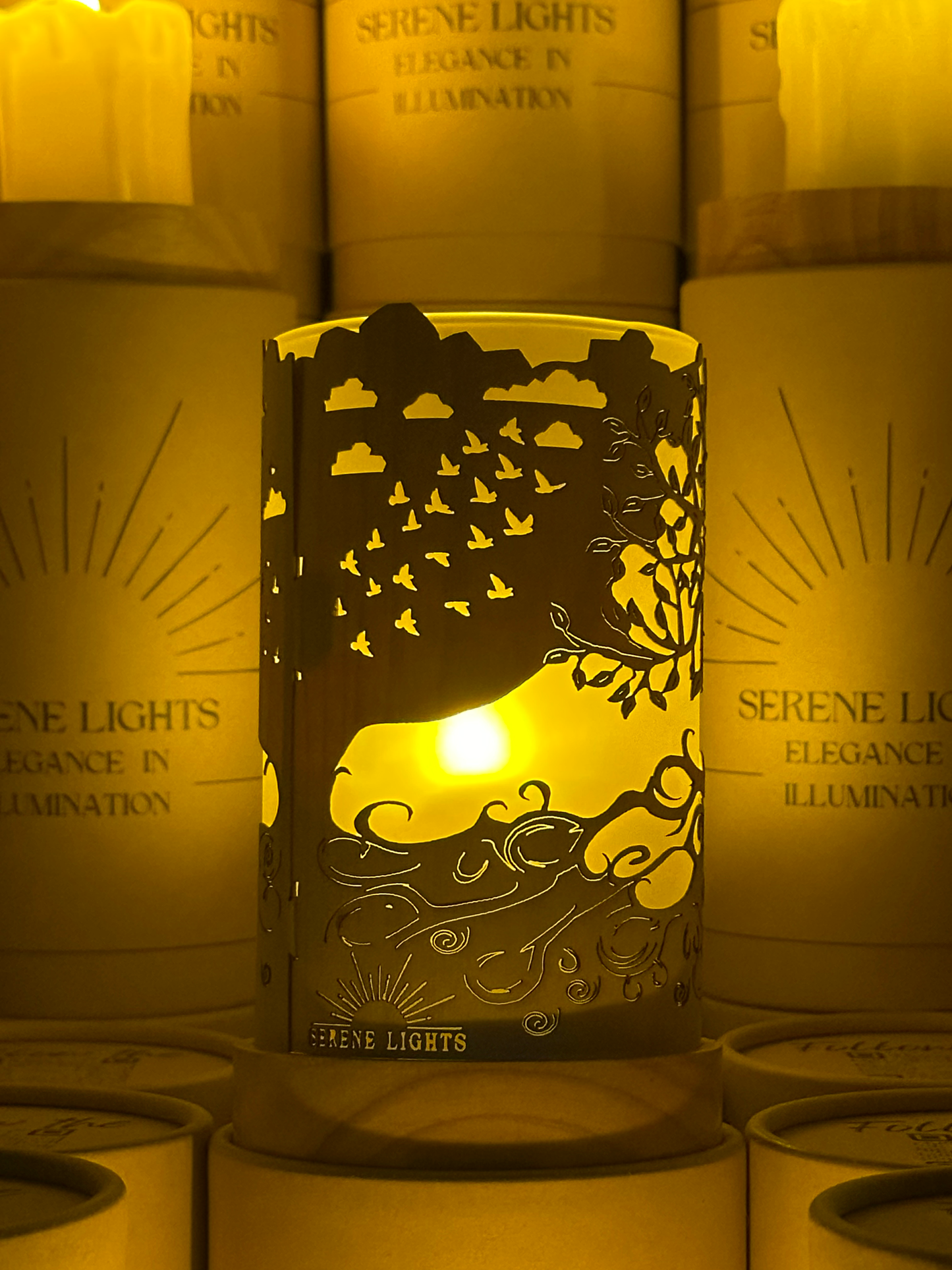 Serene Lights - Tree of Life, Decorative Candle Holder – Laser Etched, Handmade Wood Veneer, Rechargeable LED Candle