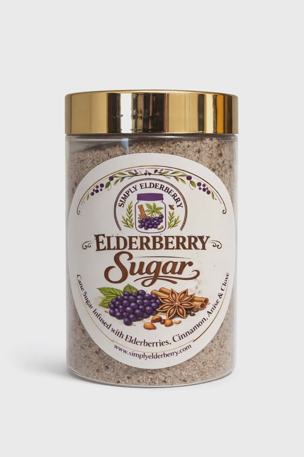 "Small-batch elderberry infused cane sugar with cinnamon and star anise for tea, baking and cocktails"