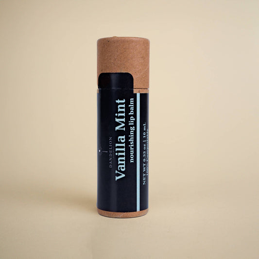 Vanilla Mint nourishing lip balm in eco-friendly tube on beige background, natural remedy