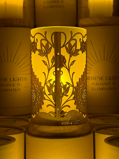 Serene Lights - Mandala, Decorative Candle Holder – Laser Etched, Handmade Wood Veneer, Rechargeable LED Candle