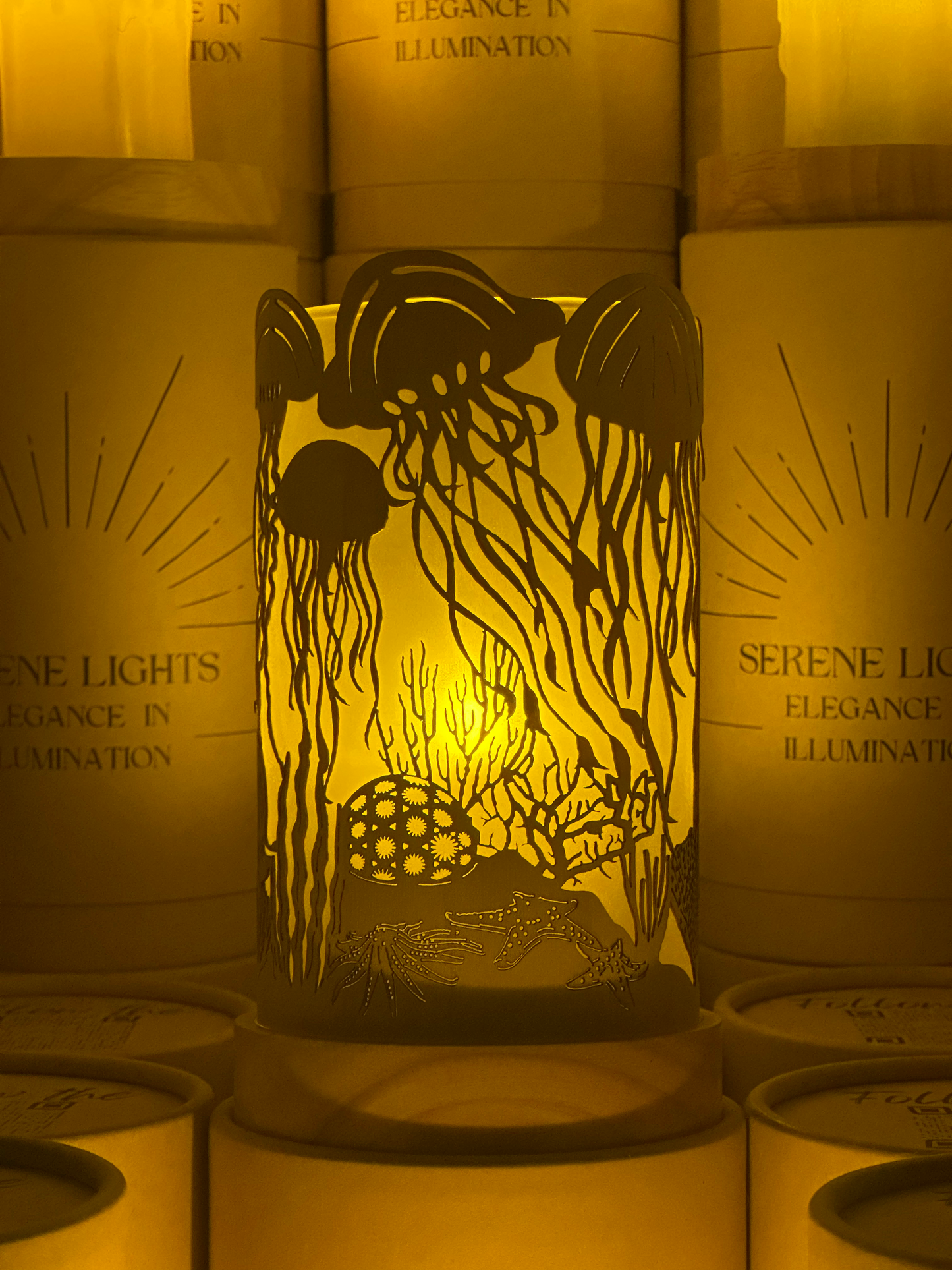 Serene Lights - JellyFish, Decorative Candle Holder – Laser Etched, Handmade Wood Veneer, Rechargeable LED Candle