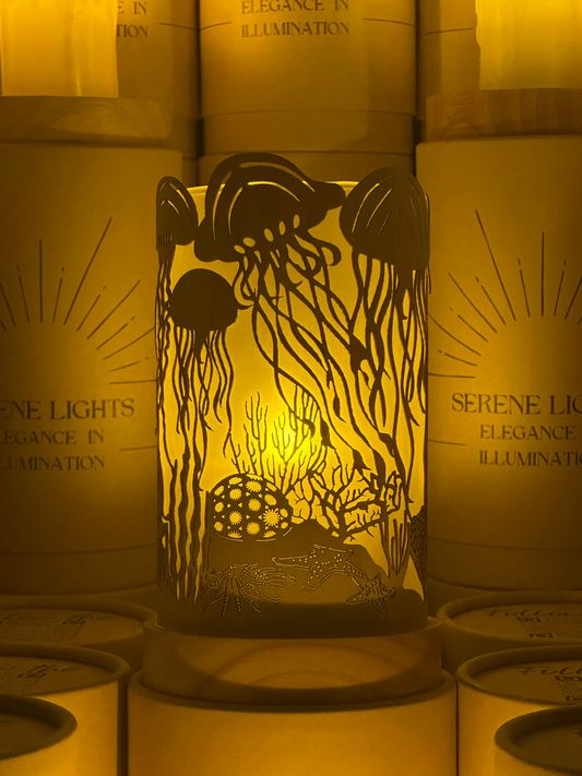 Serene Lights - JellyFish, Decorative Candle Holder – Laser Etched, Handmade Wood Veneer, Rechargeable LED Candle