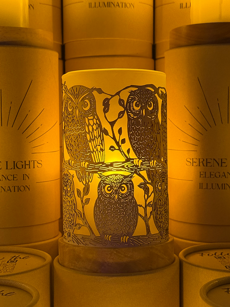 Serene Lights - Forest Friends Owl Decorative Candle Holder – Laser Etched, Handmade Wood Veneer, Rechargeable LED Candle