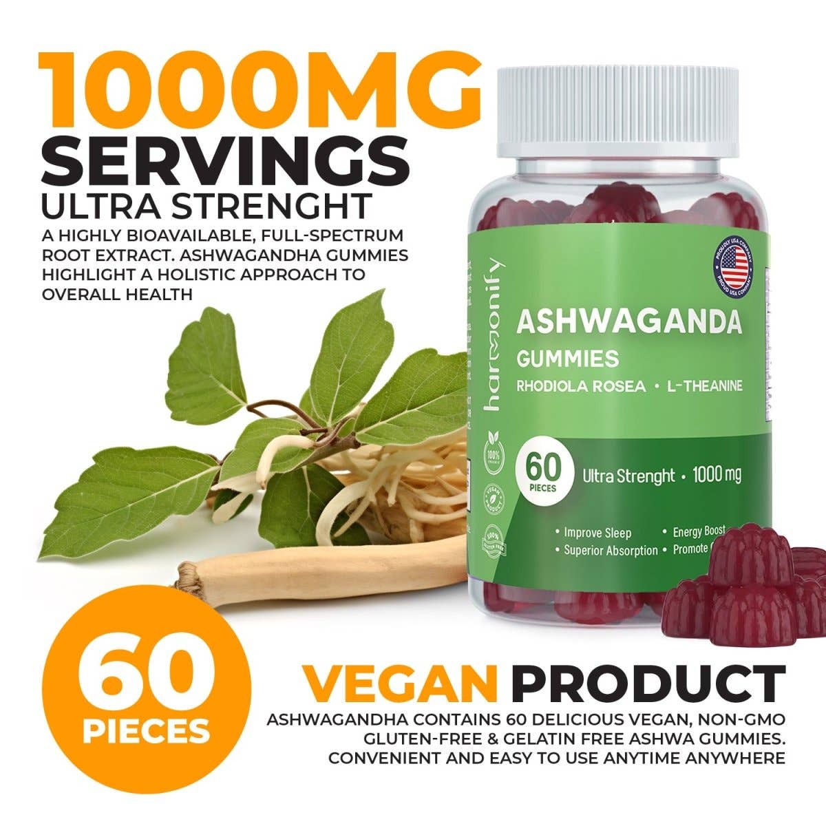 HARMONIFY - Ashwagandha & KSM-66 Gummies with Rhodiola Rosea and L-Theanine, 1000 mg
