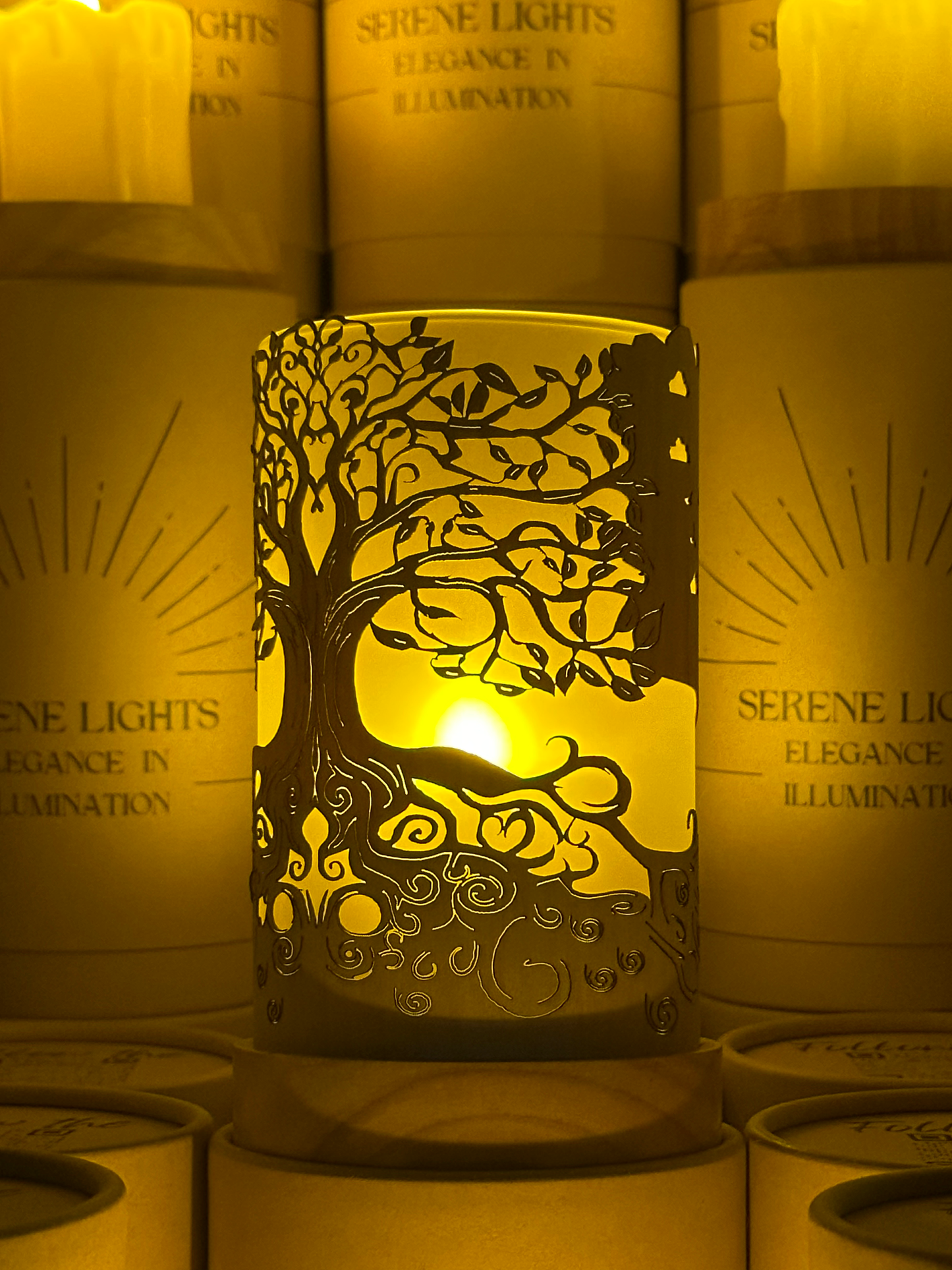 Serene Lights - Tree of Life, Decorative Candle Holder – Laser Etched, Handmade Wood Veneer, Rechargeable LED Candle