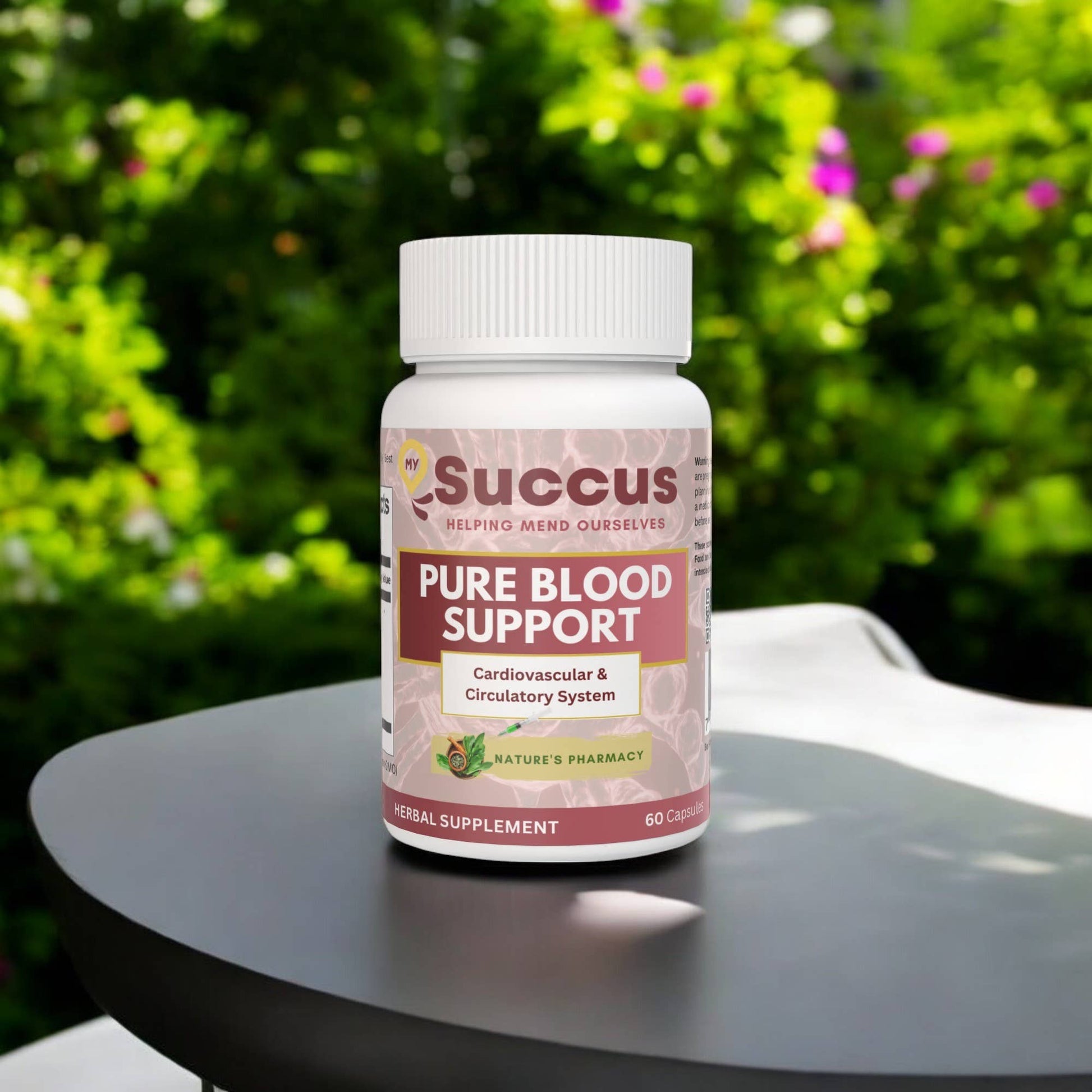 Bottle of Succus Pure Blood Support herbal supplement for cardiovascular and circulatory health on a table with green foliage background