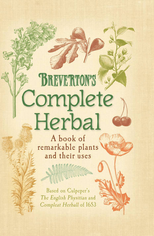 Vintage herbal book cover titled Breverton's Complete Herbal with illustrations of plants and herbs