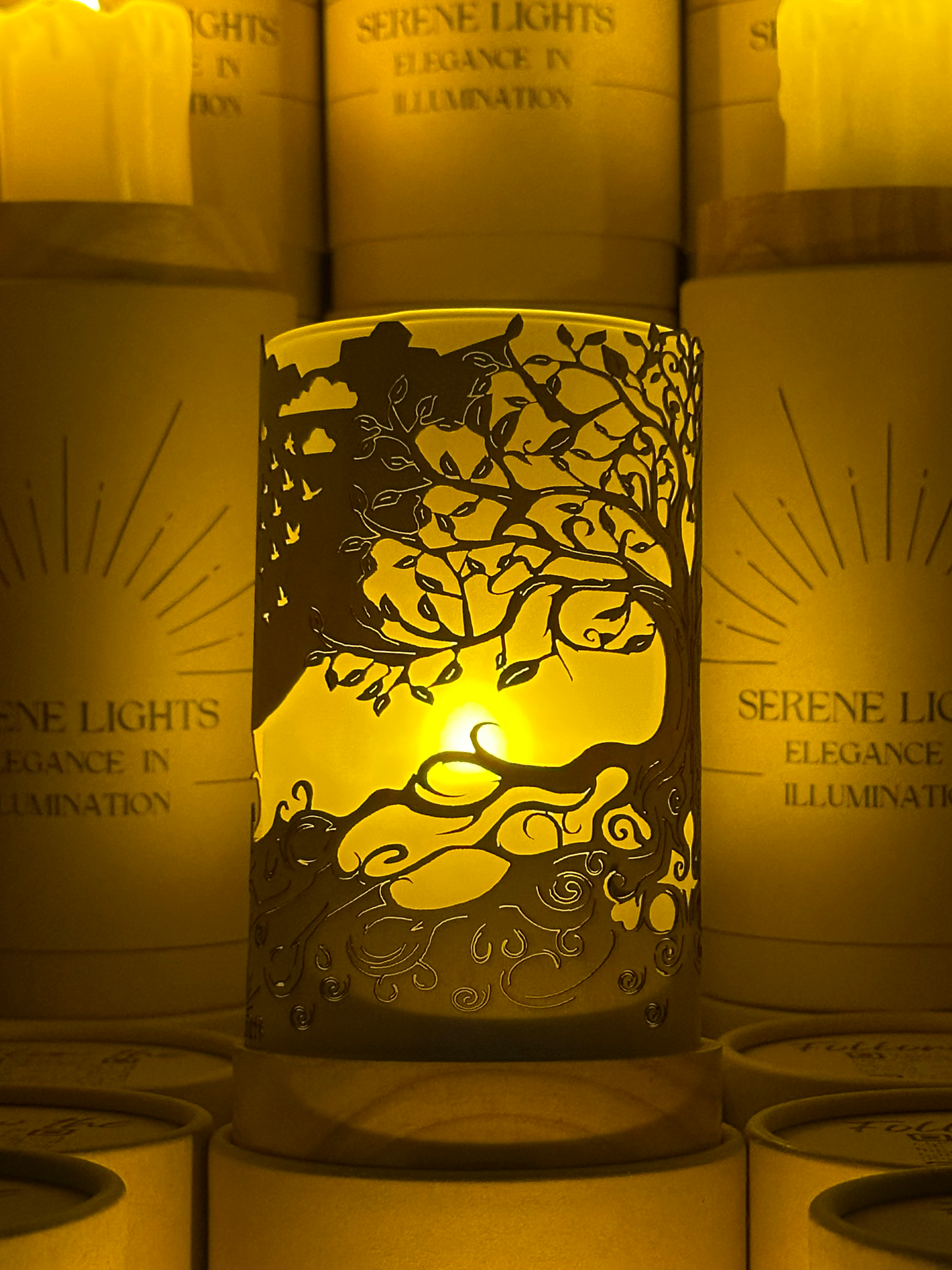 Serene Lights - Tree of Life, Decorative Candle Holder – Laser Etched, Handmade Wood Veneer, Rechargeable LED Candle