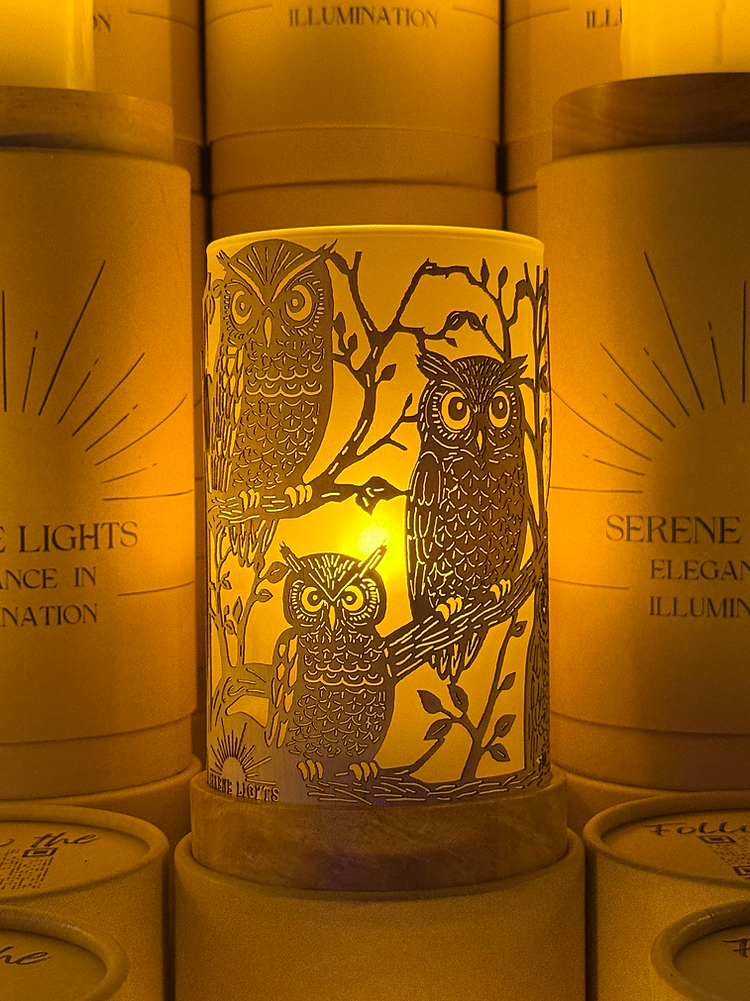 Serene Lights - Forest Friends Owl Decorative Candle Holder – Laser Etched, Handmade Wood Veneer, Rechargeable LED Candle