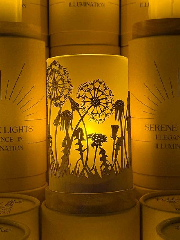 Serene Lights - Field of Dandelions Decorative Candle Holder – Laser Etched, Handmade Wood Veneer, Rechargeable LED Candle