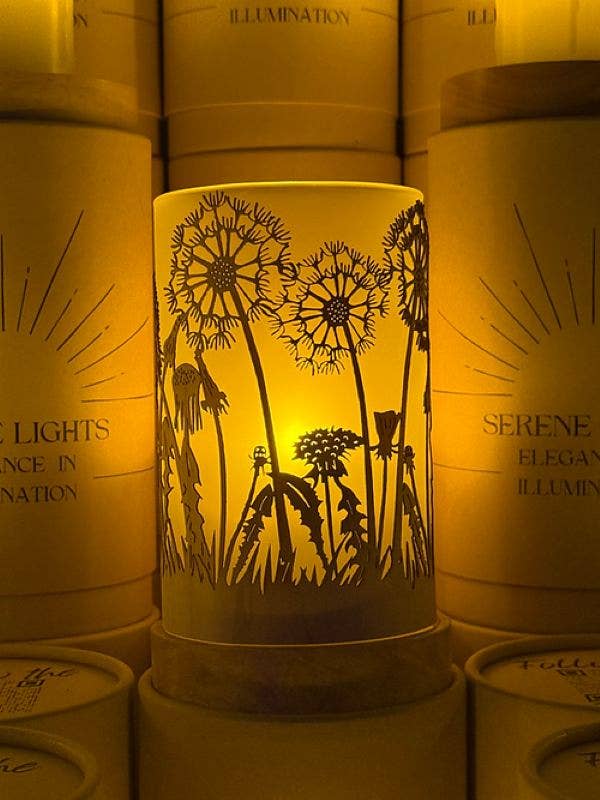 Serene Lights - Field of Dandelions Decorative Candle Holder – Laser Etched, Handmade Wood Veneer, Rechargeable LED Candle