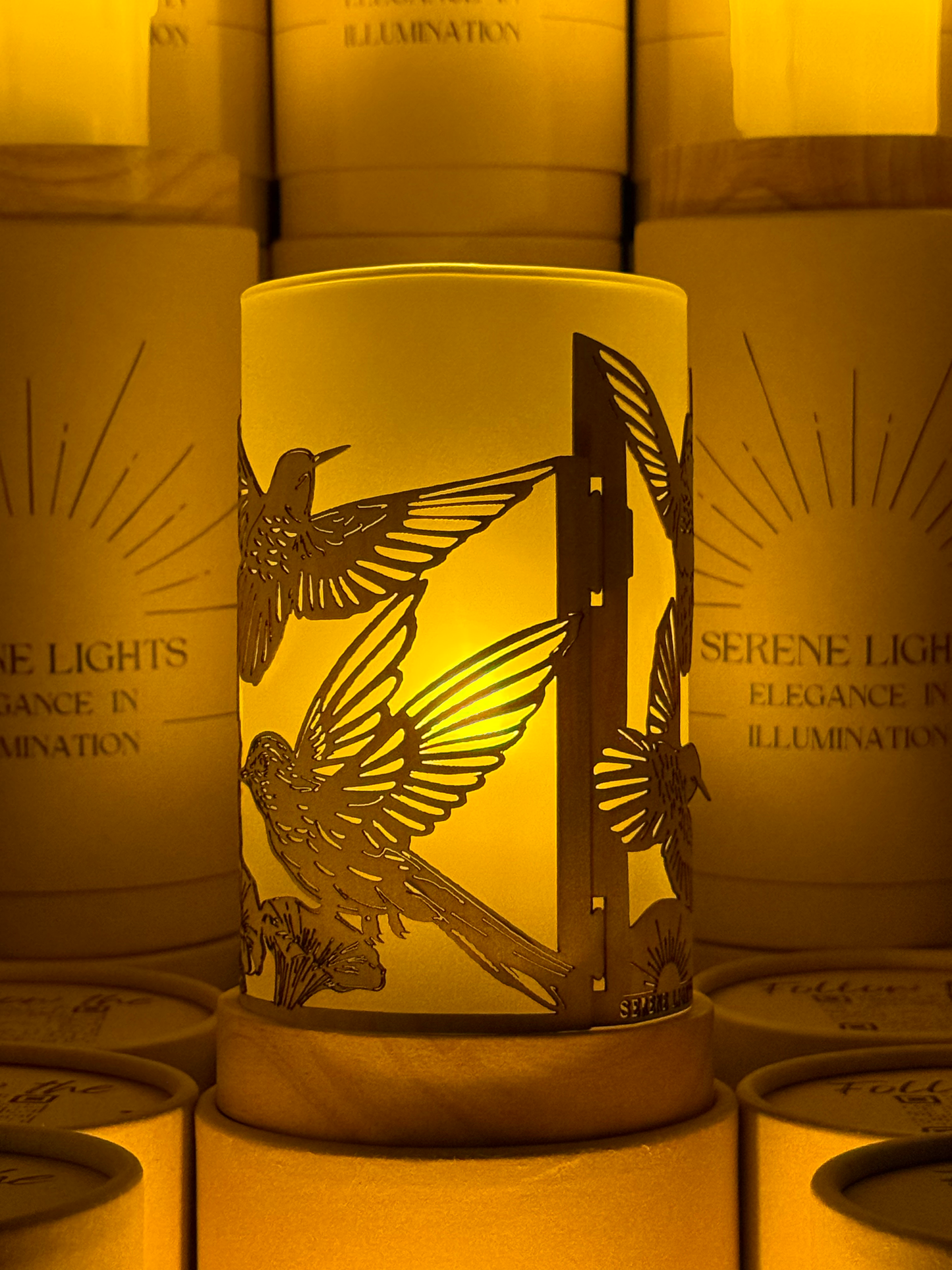 Serene Lights - Humming Birds in Flight, Decorative Candle Holder – Laser Etched, Handmade Wood Veneer, Rechargeable LED Candle