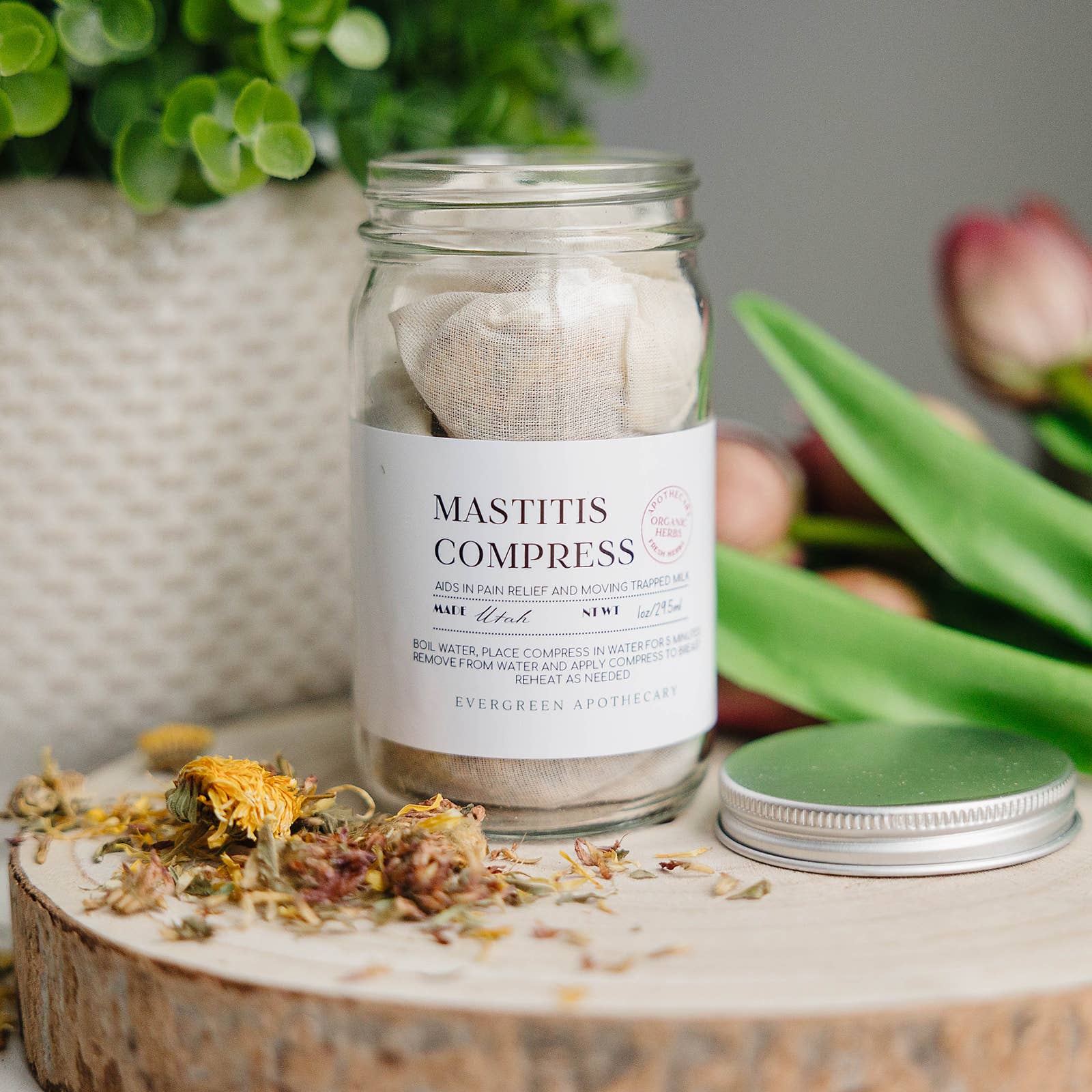 "Herbal mastitis relief compress for natural breastfeeding support and breast pain relief"