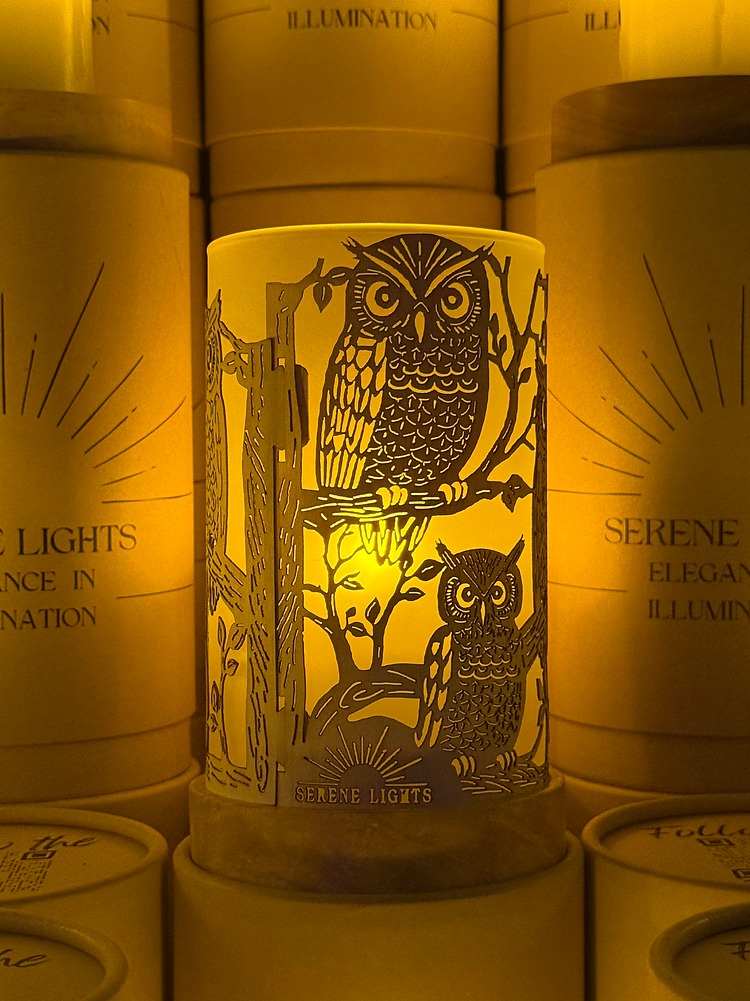 Serene Lights - Forest Friends Owl Decorative Candle Holder – Laser Etched, Handmade Wood Veneer, Rechargeable LED Candle