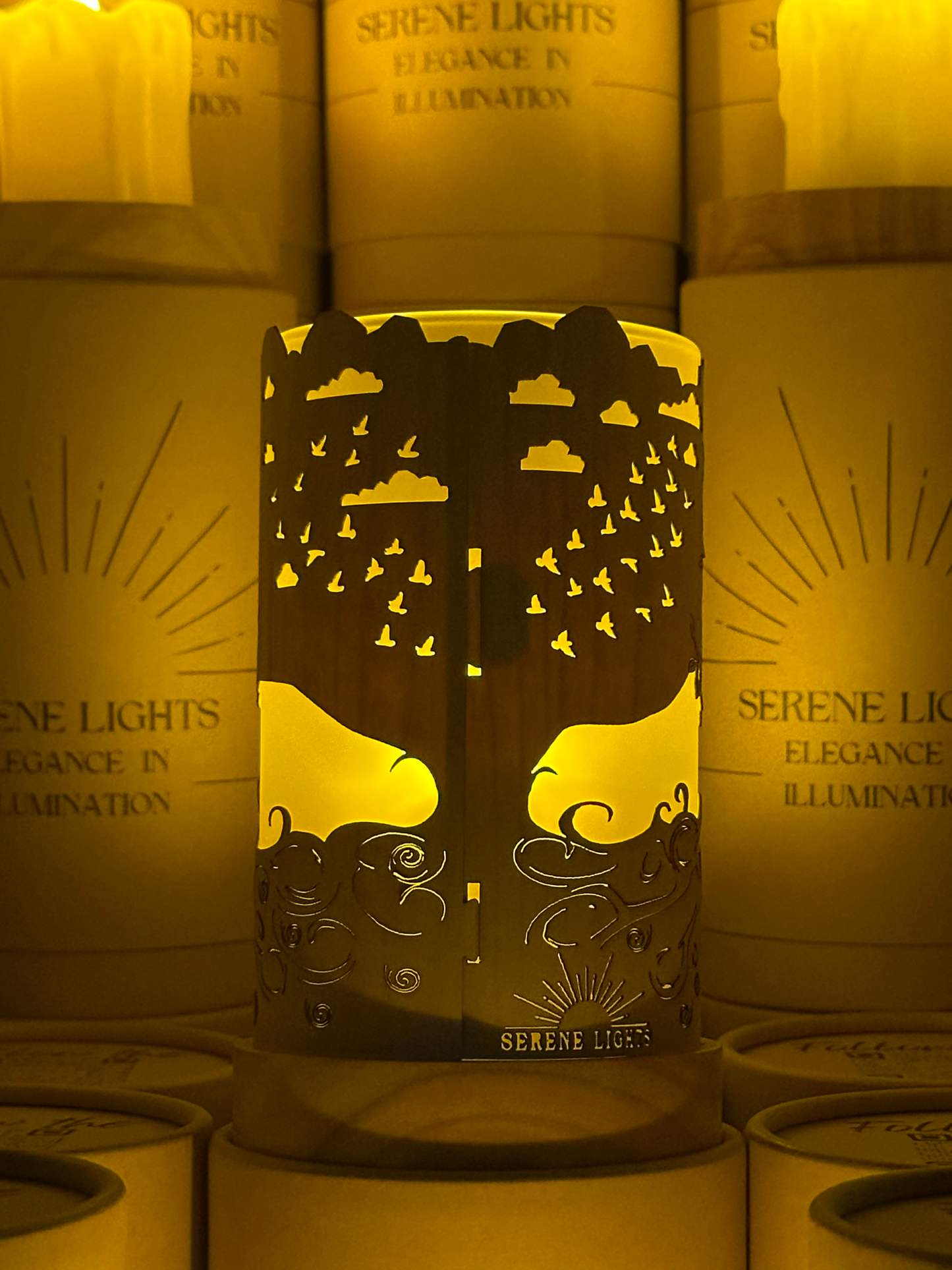 Serene Lights - Tree of Life, Decorative Candle Holder – Laser Etched, Handmade Wood Veneer, Rechargeable LED Candle