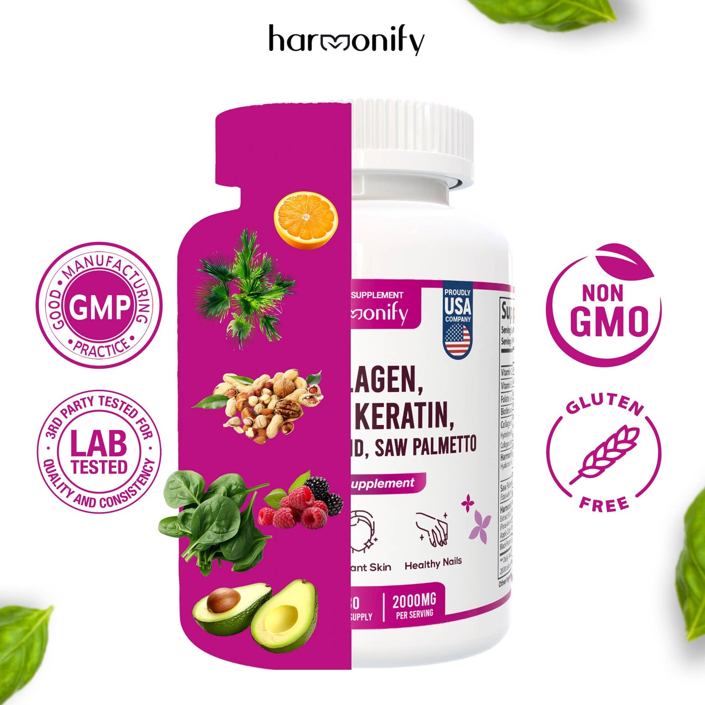 HARMONIFY - Collagen Biotin Keratin Saw Palmetto Hyaluronic Acid Complex Supplement