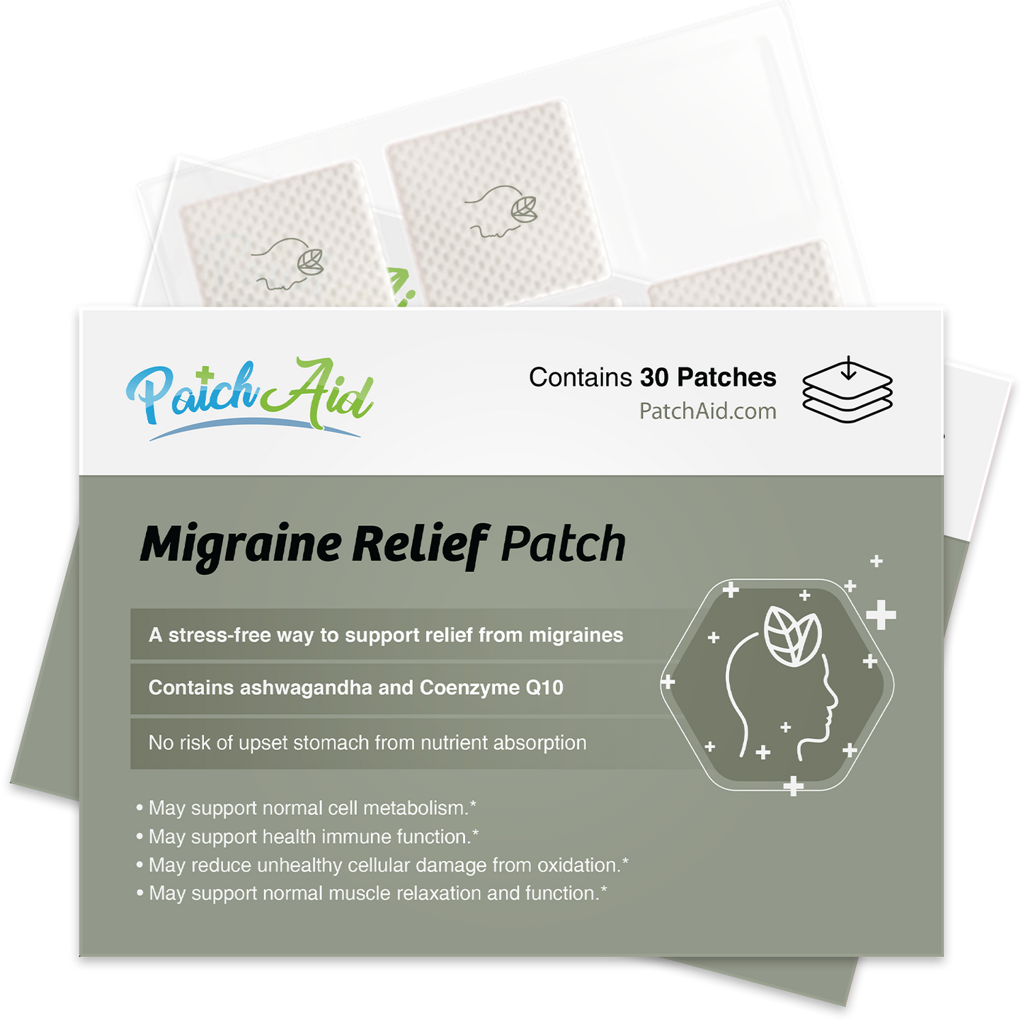 PatchAid migraine relief patch with CoQ10, feverfew and ashwagandha for natural headache and migraine support"