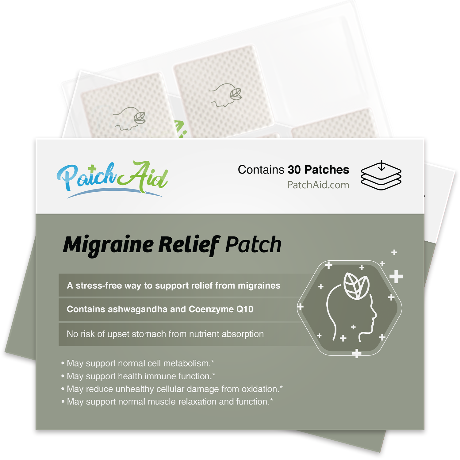 PatchAid migraine relief patch with CoQ10, feverfew and ashwagandha for natural headache and migraine support"