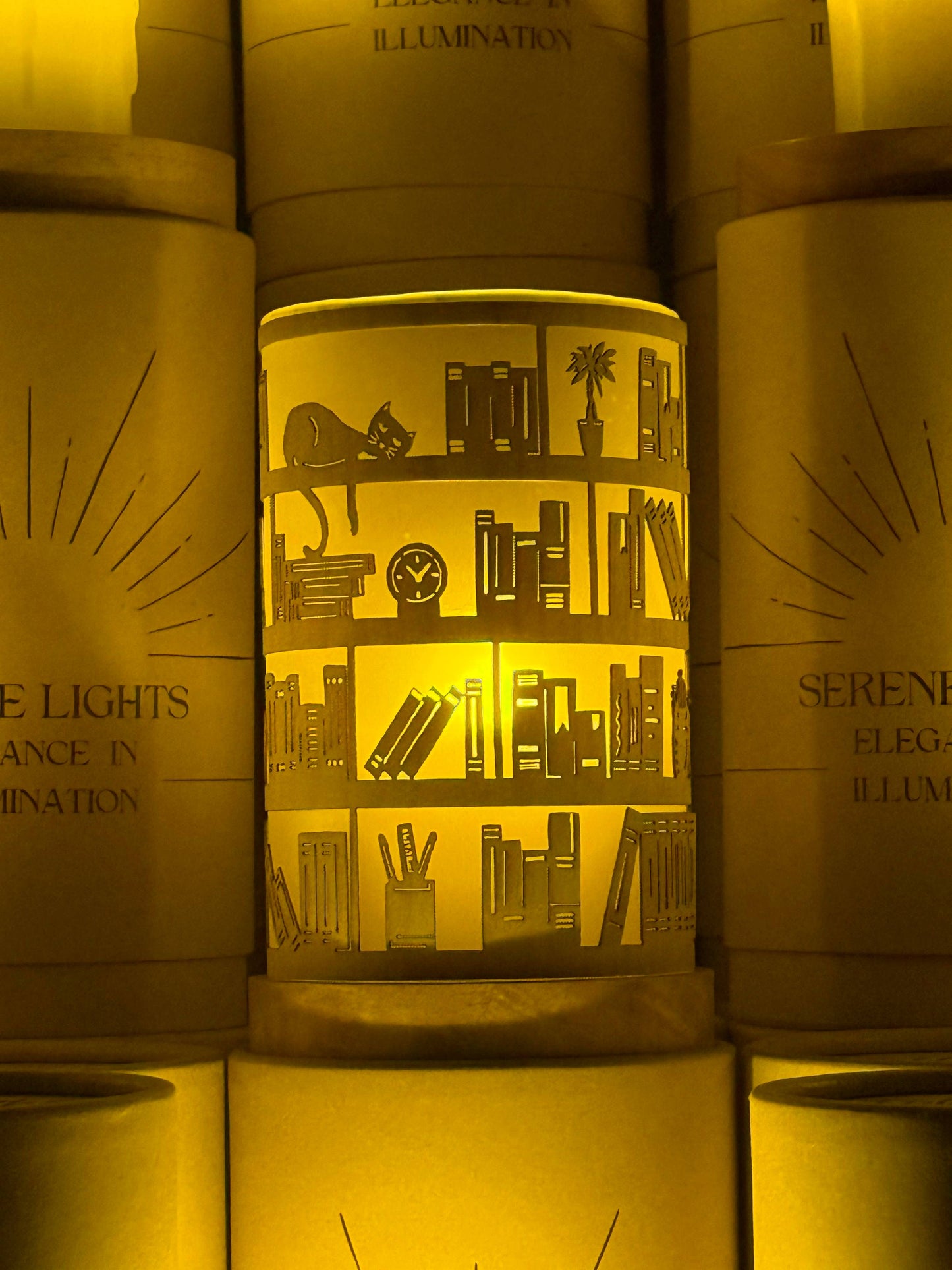 Serene Lights - Cozy Bookshelf, Decorative Candle Holder – Laser & Handmade