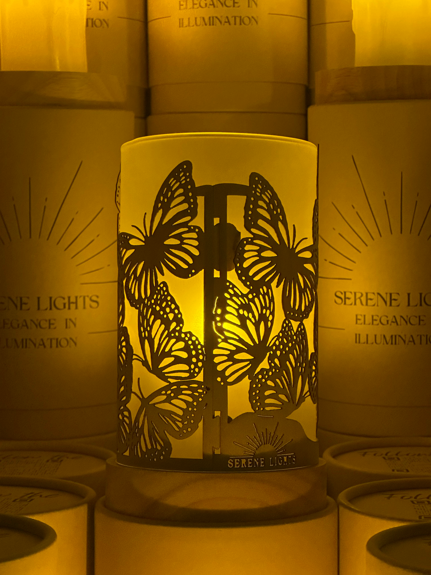 Serene Lights - Butterflies, Decorative Candle Holder – Laser Etched, Handmade Wood Veneer, Rechargeable LED Candle