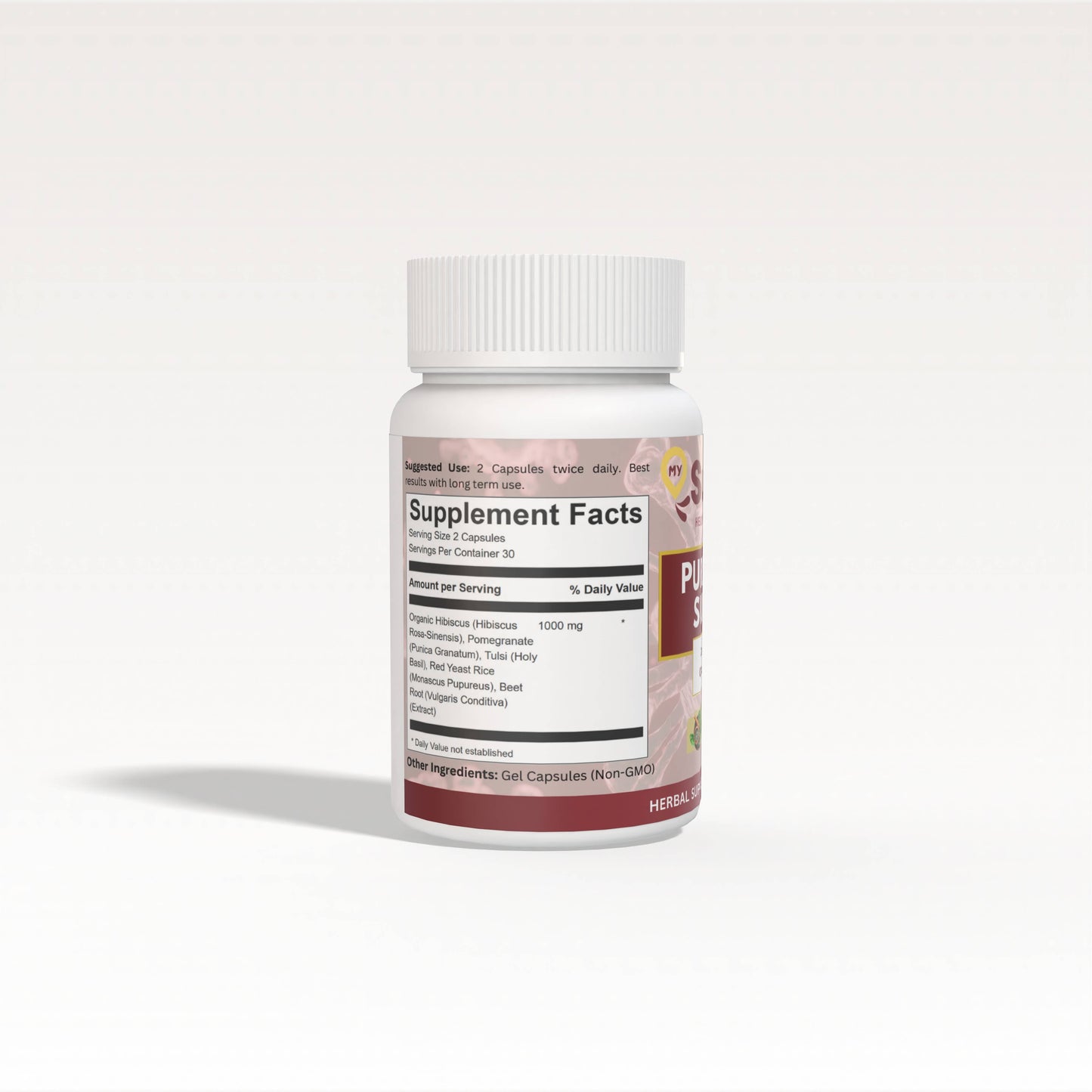 White supplement bottle with label showing supplement facts including organic hibiscus, pomegranate, tulsi, red yeast rice, and beet root