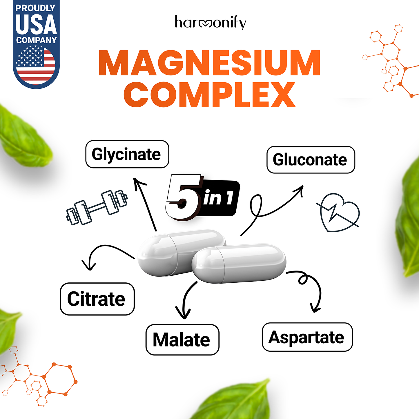 HARMONIFY - Magnesium 5 in 1 Complex, 1000 mg, Glycinate, Citrate, Malate, Aspartate, Gluconate