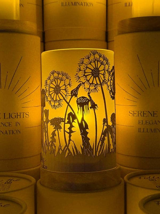 Serene Lights - Field of Dandelions Decorative Candle Holder – Laser Etched, Handmade Wood Veneer, Rechargeable LED Candle
