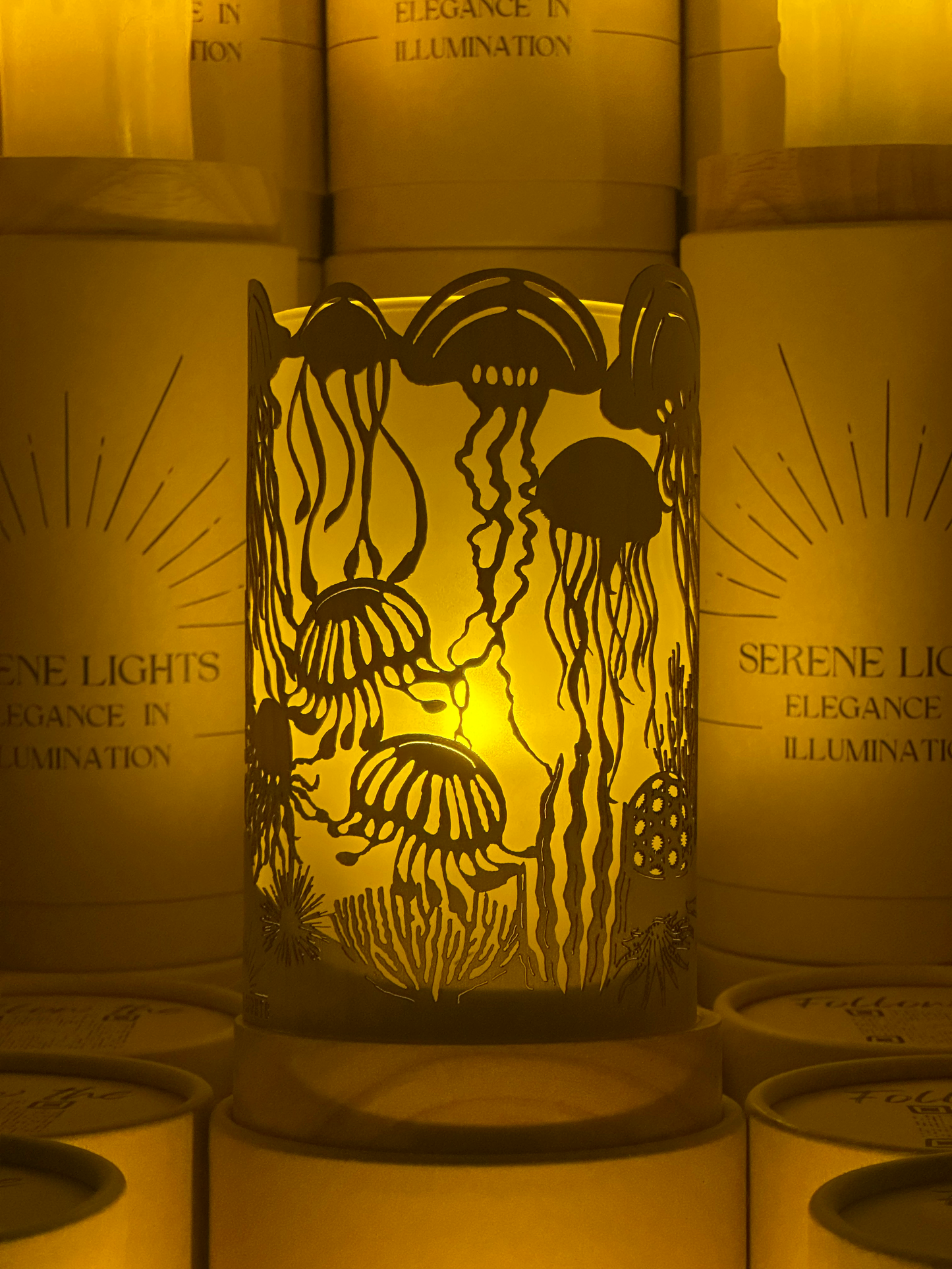 Serene Lights - JellyFish, Decorative Candle Holder – Laser Etched, Handmade Wood Veneer, Rechargeable LED Candle