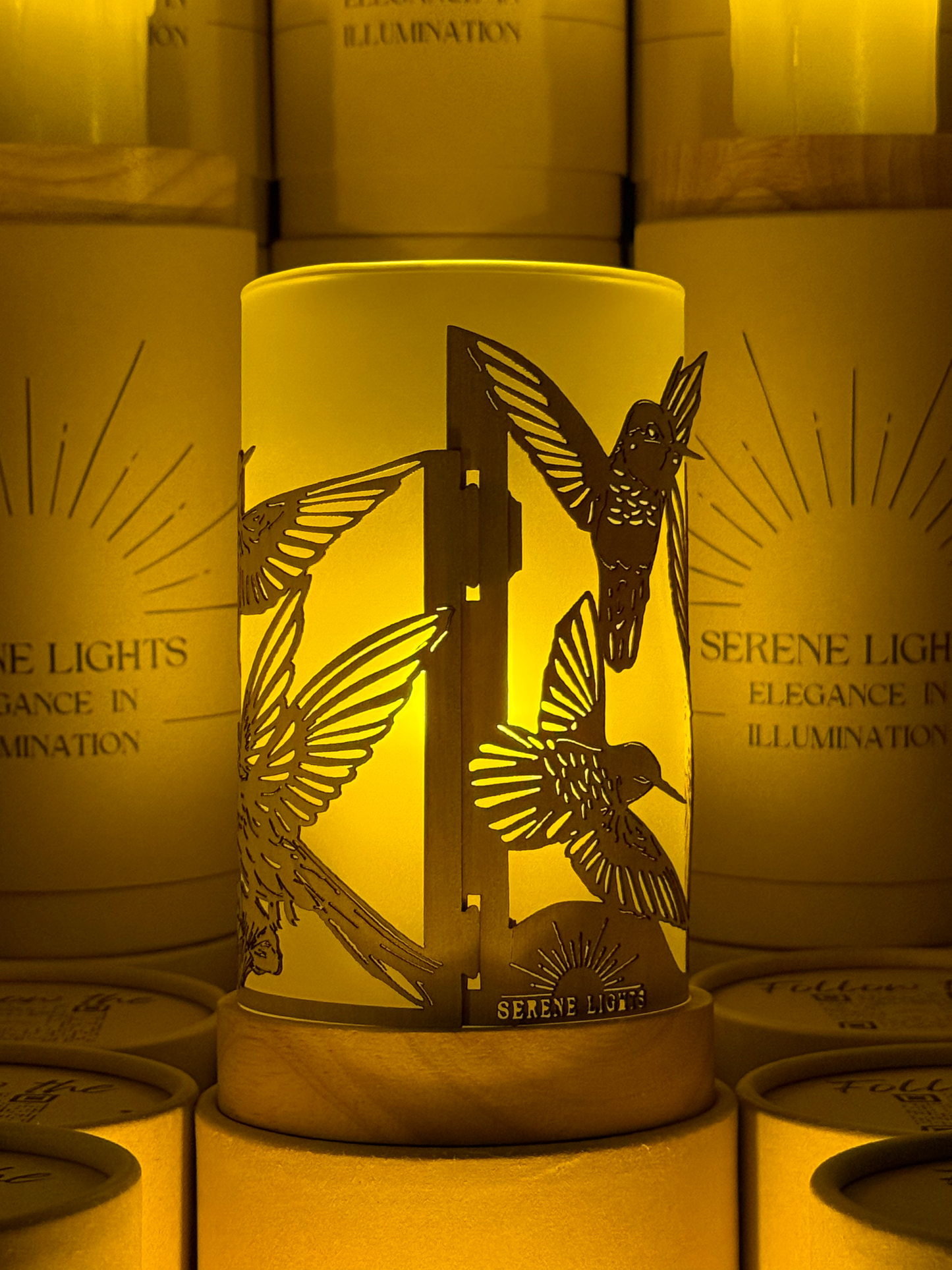 Serene Lights - Humming Birds in Flight, Decorative Candle Holder – Laser Etched, Handmade Wood Veneer, Rechargeable LED Candle