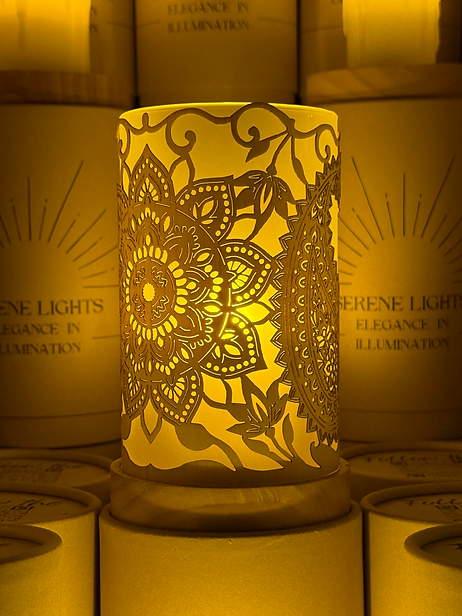 Serene Lights - Mandala, Decorative Candle Holder – Laser Etched, Handmade Wood Veneer, Rechargeable LED Candle