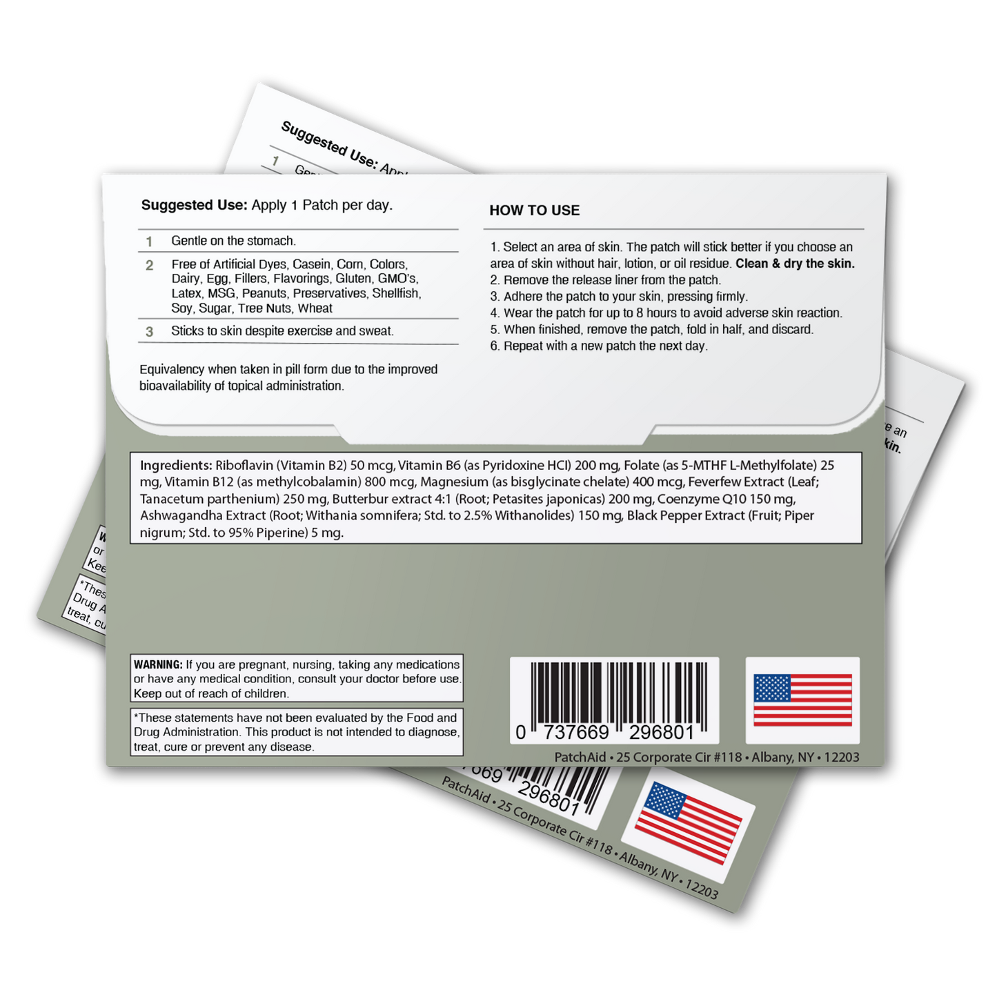 PatchAid migraine relief patch with CoQ10, feverfew and ashwagandha for natural headache and migraine support"