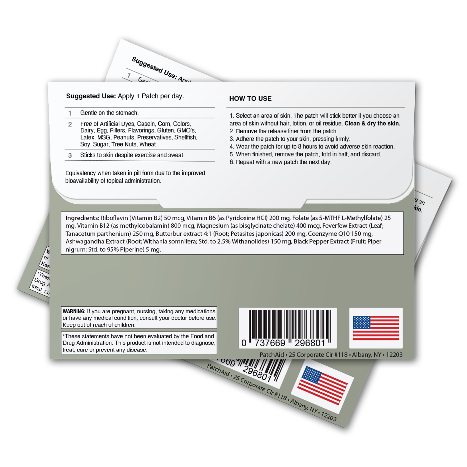 PatchAid migraine relief patch with CoQ10, feverfew and ashwagandha for natural headache and migraine support"