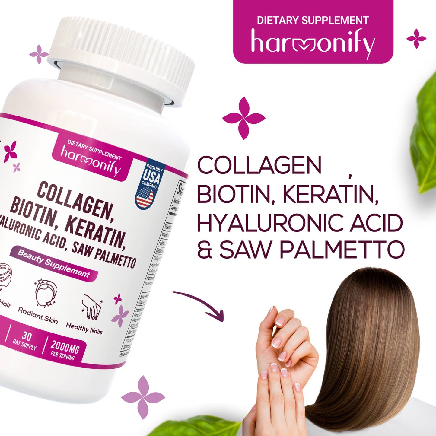 HARMONIFY - Collagen Biotin Keratin Saw Palmetto Hyaluronic Acid Complex Supplement