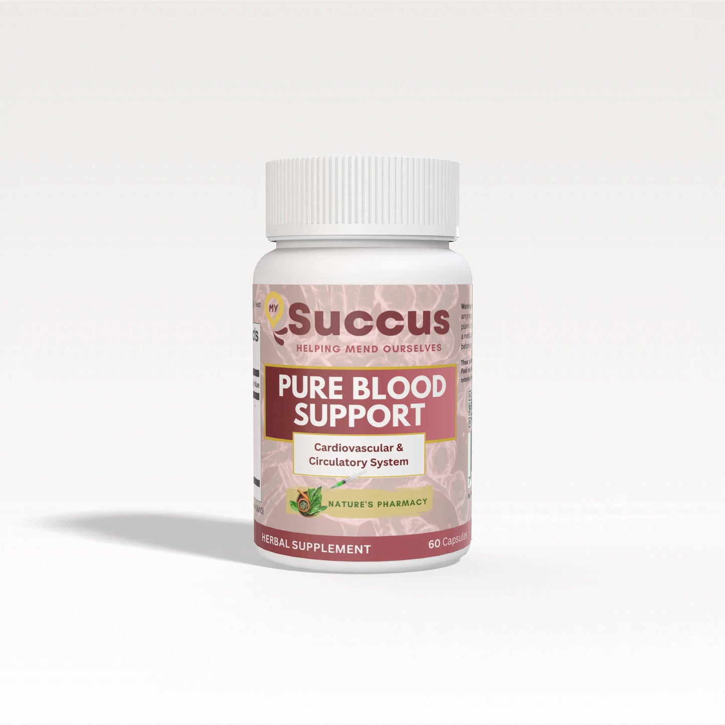 MySuccus Pure Blood Support herbal supplement bottle for cardiovascular and circulatory health