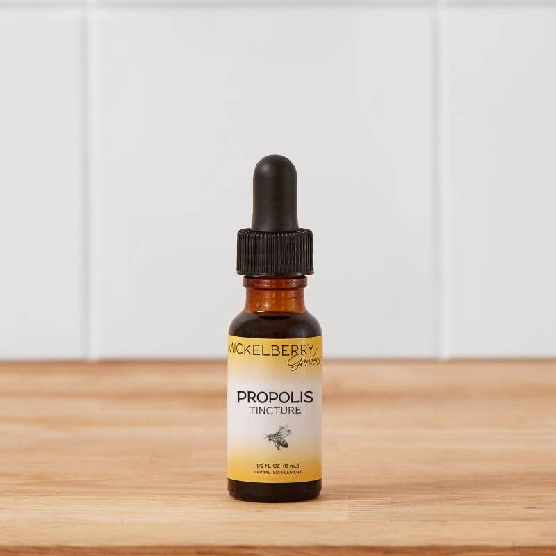 "Mickelberry Gardens bee propolis tincture 0.5oz amber glass bottle — natural immune support and anti-microbial remedy"