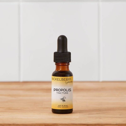 "Mickelberry Gardens bee propolis tincture 0.5oz amber glass bottle — natural immune support and anti-microbial remedy"