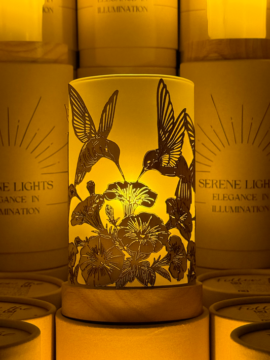 Serene Lights - Humming Birds in Flight, Decorative Candle Holder – Laser Etched, Handmade Wood Veneer, Rechargeable LED Candle