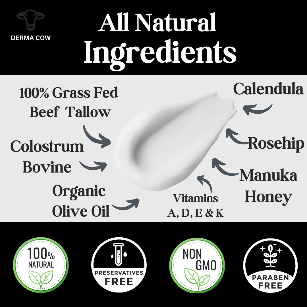 Derma Cow - Tallow Cream+ Colostrum,Calendula,Rosehip,Manuka Honey - 2oz