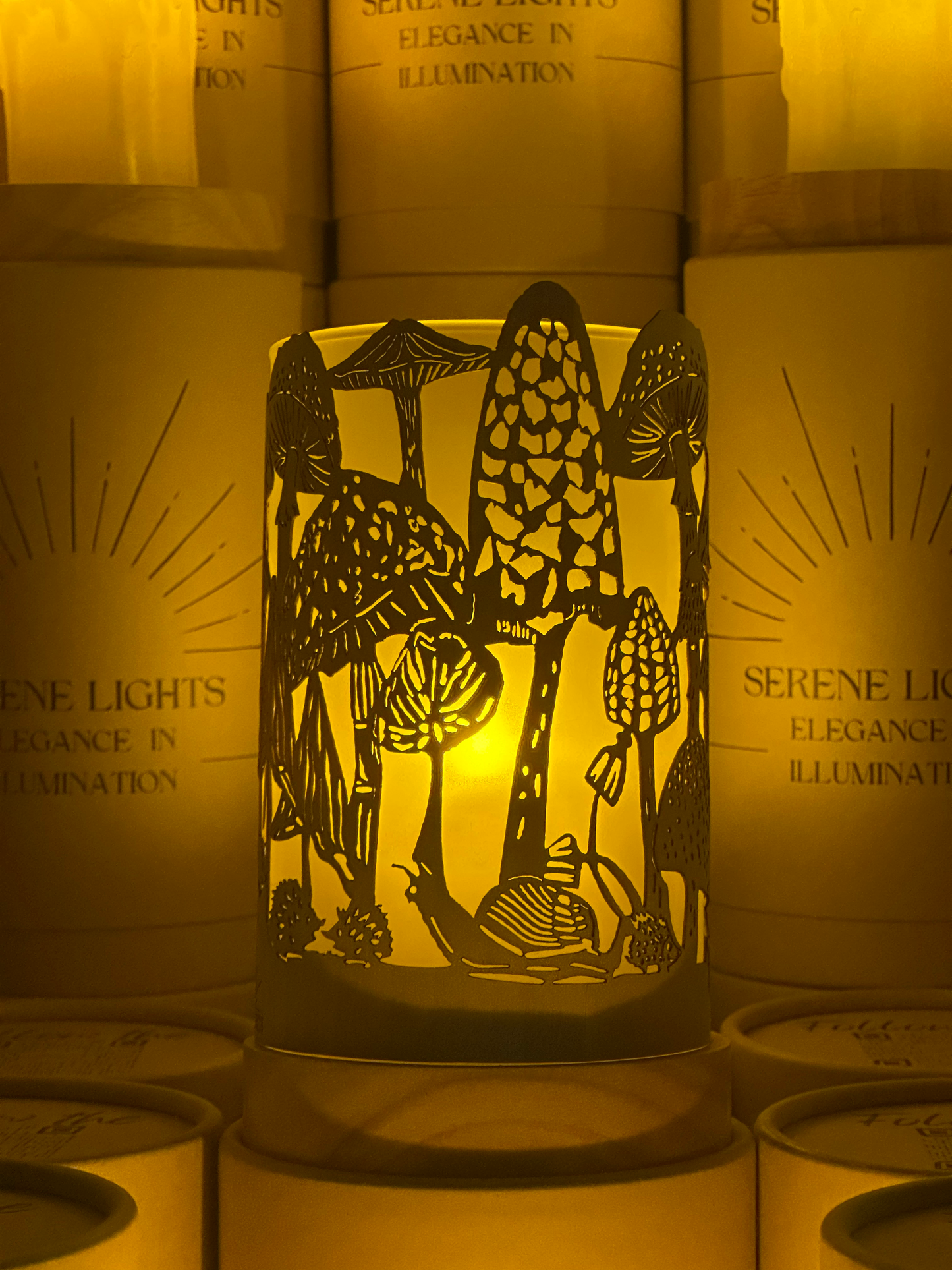 Serene Lights - Mushroom and Mice, Decorative Candle Holder – Laser Etched, Handmade Wood Veneer, Rechargeable LED Candle