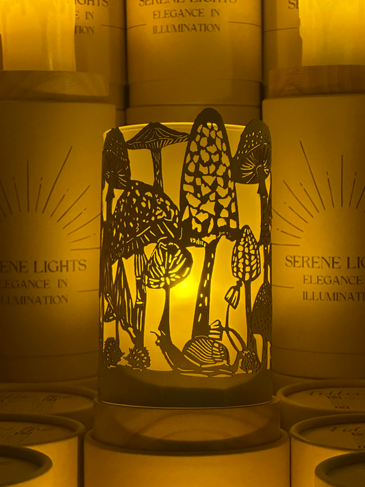 Serene Lights - Mushroom and Mice, Decorative Candle Holder – Laser Etched, Handmade Wood Veneer, Rechargeable LED Candle