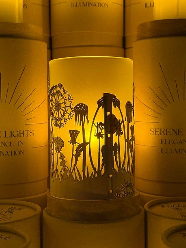 Serene Lights - Field of Dandelions Decorative Candle Holder – Laser Etched, Handmade Wood Veneer, Rechargeable LED Candle