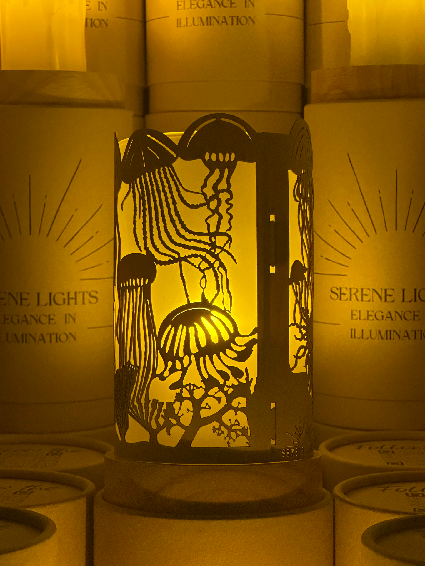 Serene Lights - JellyFish, Decorative Candle Holder – Laser Etched, Handmade Wood Veneer, Rechargeable LED Candle